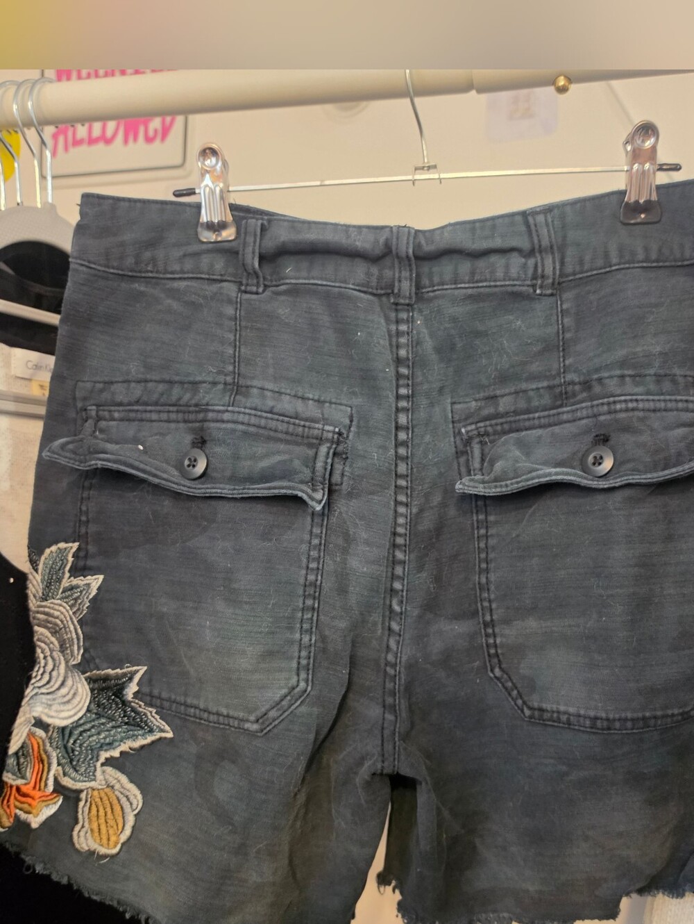 FREE PEOPLE Embroidered Black Denim Shorts with Floral Detail - Picture 8 of 16